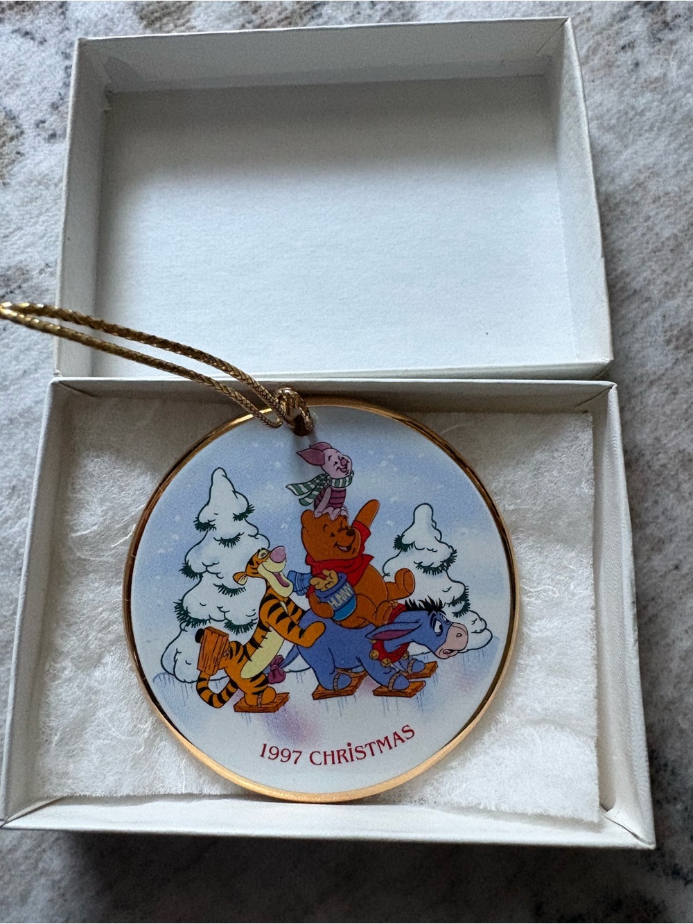 VTG 1997 Winnie The Pooh Skating Party Christmas Disney Grolier Disk Ornament